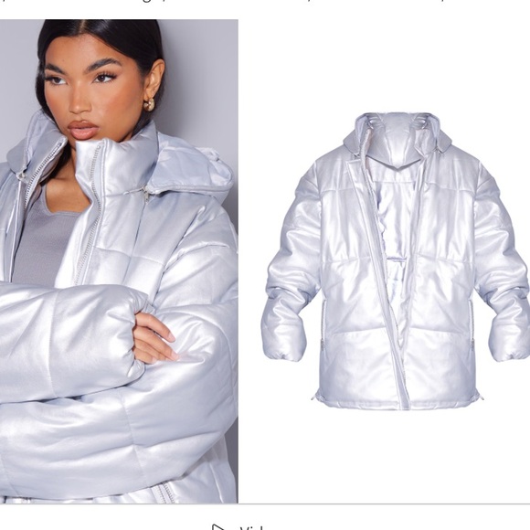 PrettyLittleThing Metallic Silver Unisex Extreme Oversized Puffer Coat Sz Large - Picture 2 of 10